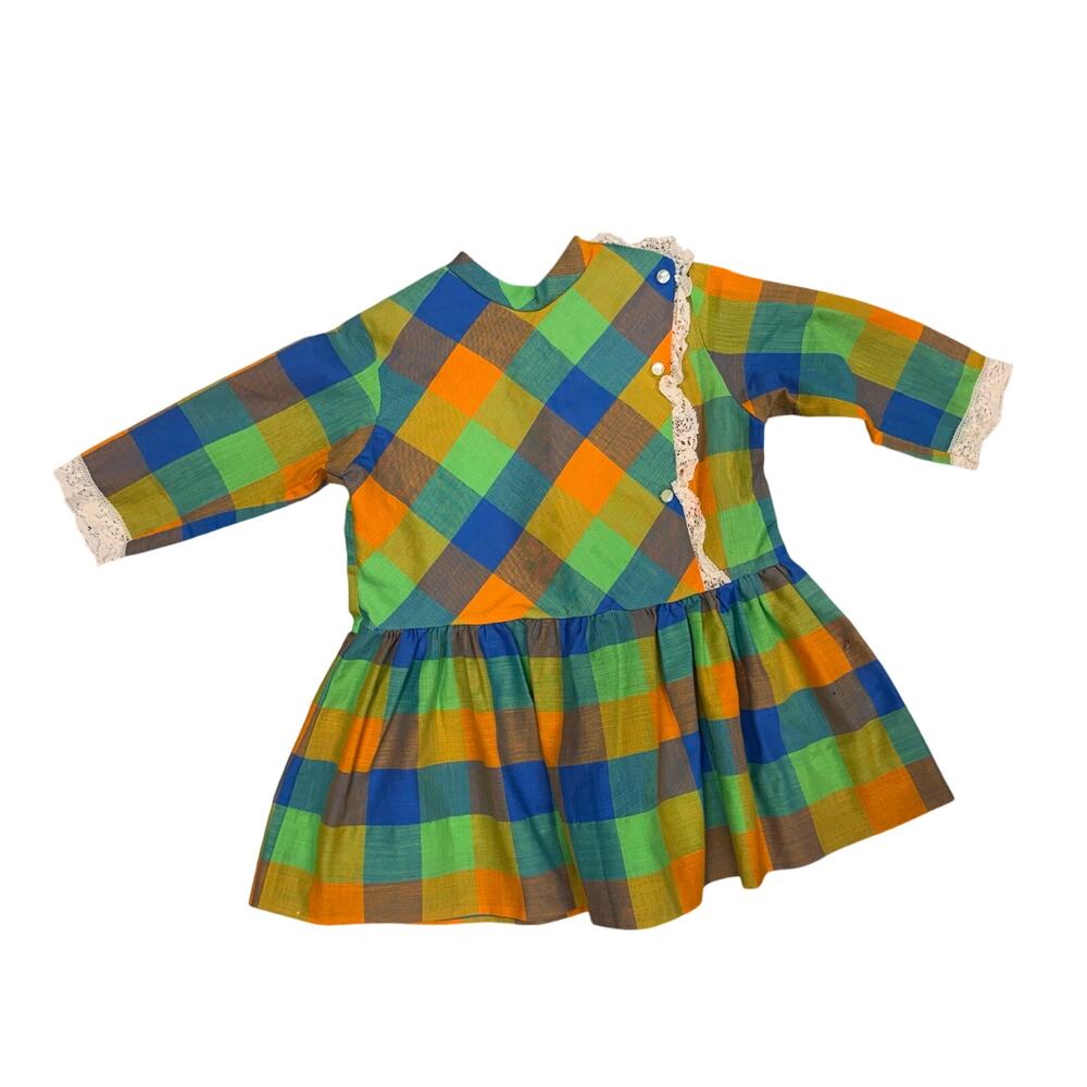 Girls Plaid Dress 3T Lace Trim 3/4 Sleeve Vintage Hi Neck Christmas Party